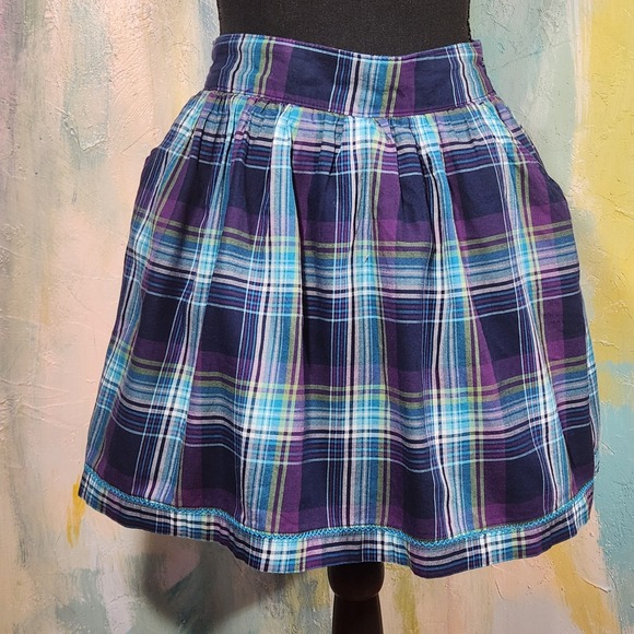 Purple Teal Blue Short SKIRT Plaid Print‎ FLARE Summer Small 26 POCKETS PREPPY S - Picture 1 of 12